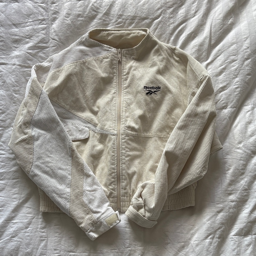 Reebok Men's Beige and White Bomber Jacket